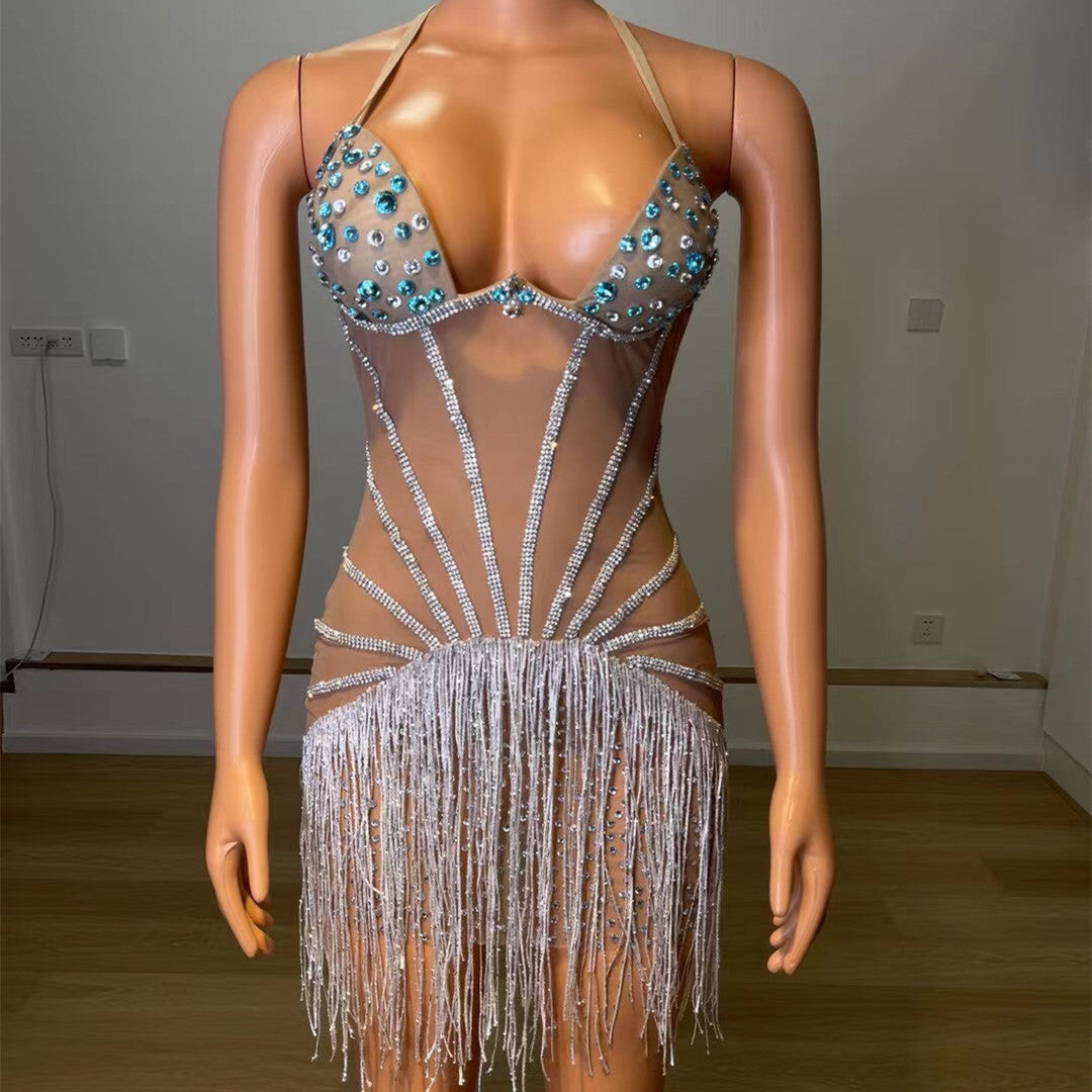 Women's Fashion Full Of Diamonds Tassels See-through Mesh Dress