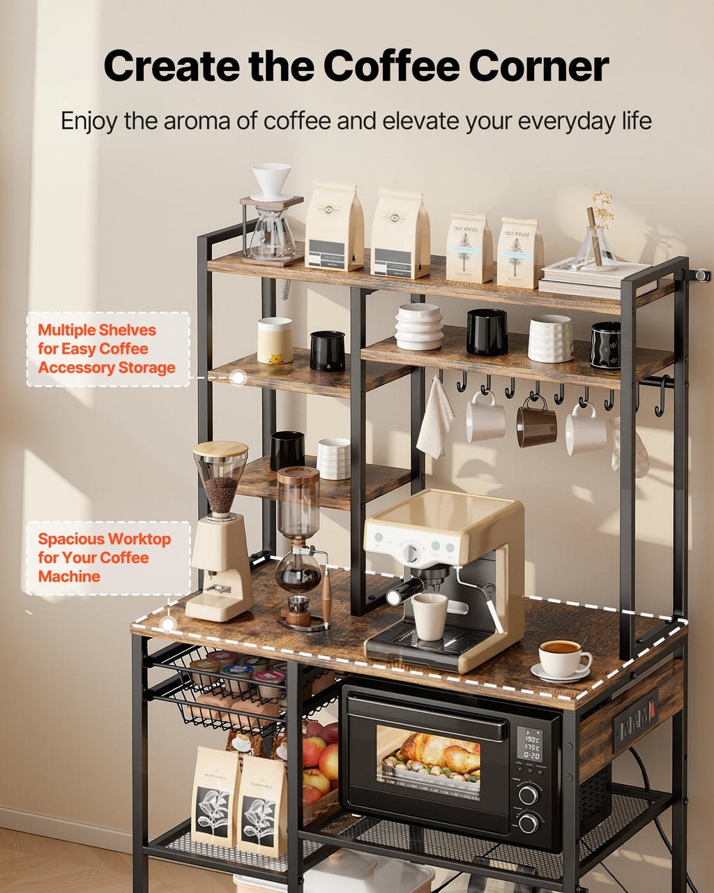 Kitchen Bakers Rack, 5 Ft Power Cable Bakers Rack With Power Outlet, Kitchen Stand With X-Shaped Support Bar, 10 S-Shaped Hooks, Coffee Bar Stand For Dishes, Spice Bottles, Built-In Power Strip