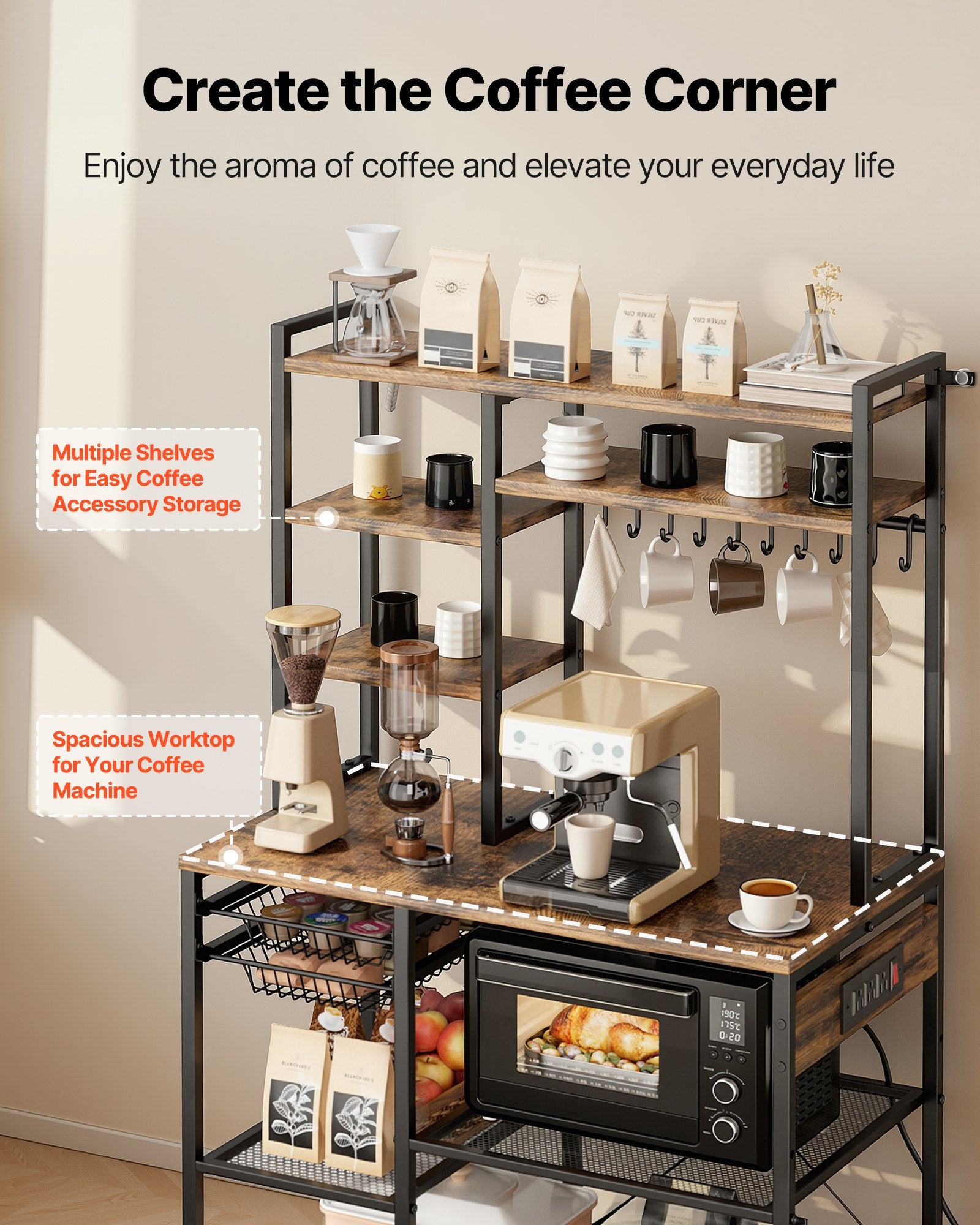 Kitchen Bakers Rack, 5 Ft Power Cable Bakers Rack With Power Outlet, Kitchen Stand With X-Shaped Support Bar, 10 S-Shaped Hooks, Coffee Bar Stand For Dishes, Spice Bottles, Built-In Power Strip
