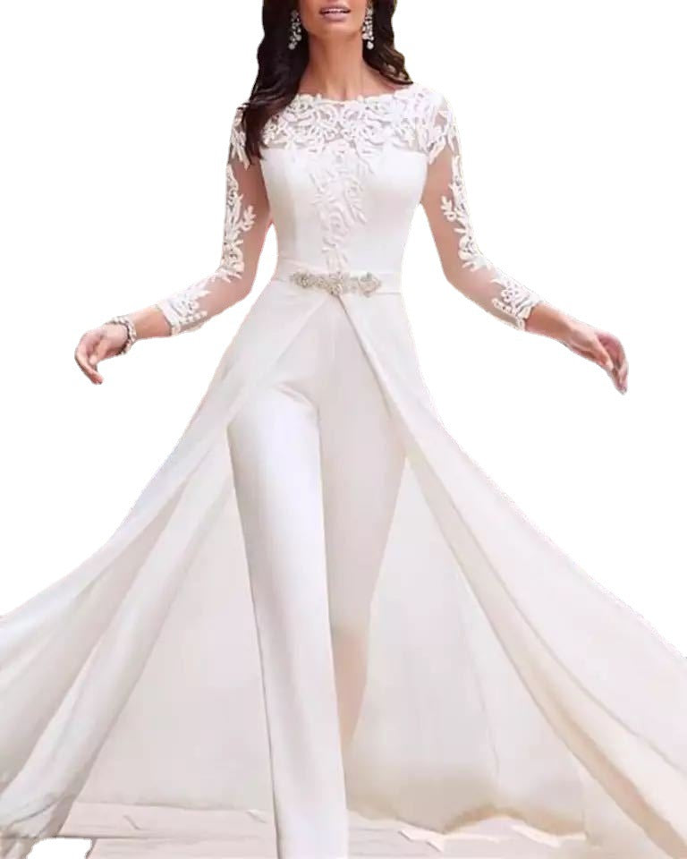 Fashion Women's Sexy Mesh Sleeve White Lace Dress