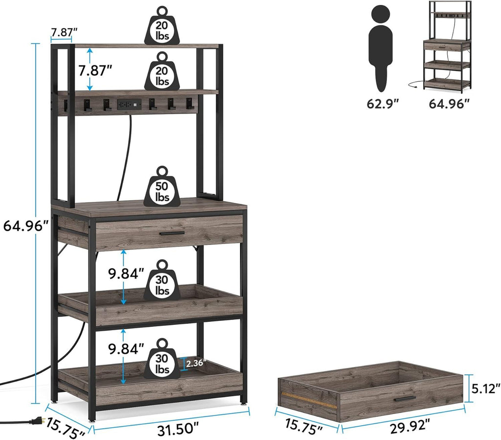 Kitchen Bakers Rack With Power Outlets, 5-Tier Microwave Oven Stand With Drawer And Sliding Shelves, Freestanding Coffee Bar