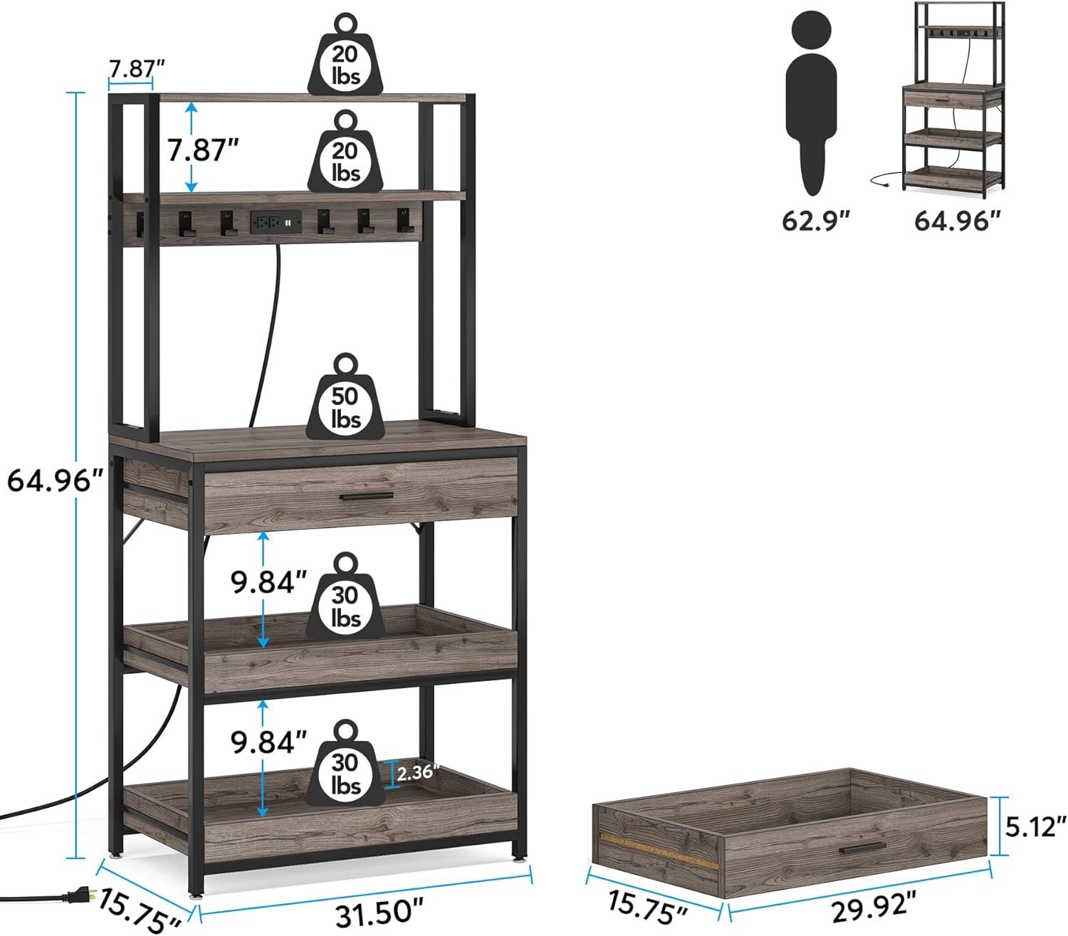 Kitchen Bakers Rack With Power Outlets, 5-Tier Microwave Oven Stand With Drawer And Sliding Shelves, Freestanding Coffee Bar