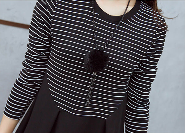 Black And White Striped Mid-Length Maternity Dress
