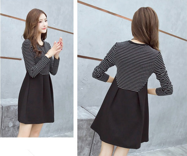 Black And White Striped Mid-Length Maternity Dress