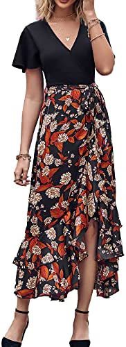 Women's Fashion Casual V-neck Stitching Hem Irregular Short Sleeve Printed Dress