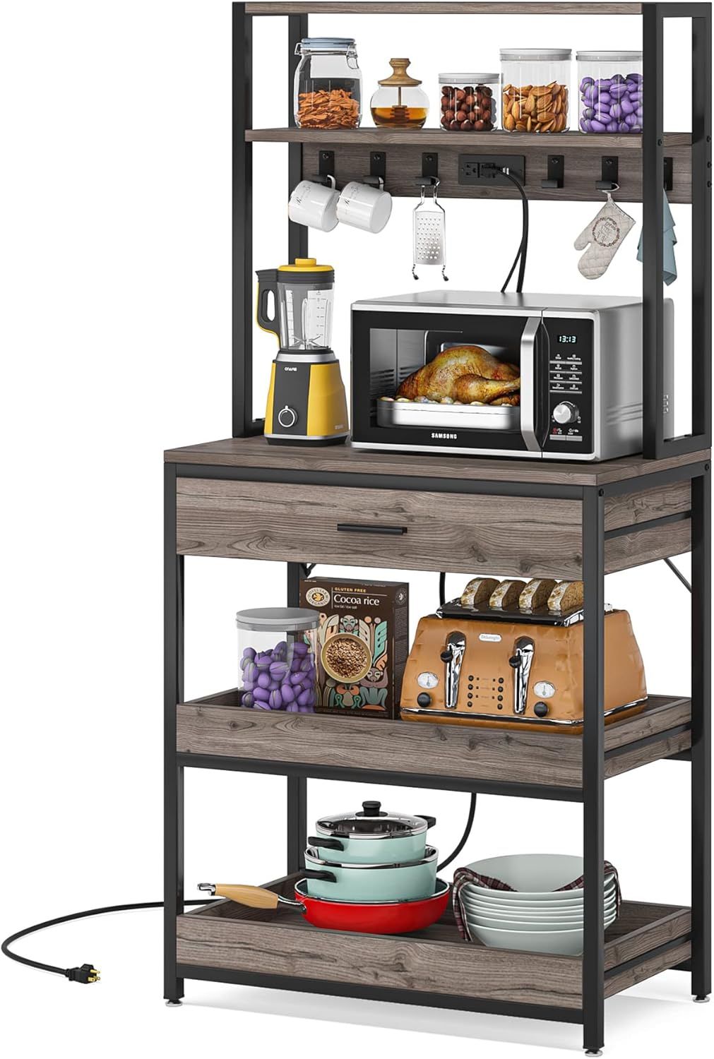 Kitchen Bakers Rack With Power Outlets, 5-Tier Microwave Oven Stand With Drawer And Sliding Shelves, Freestanding Coffee Bar