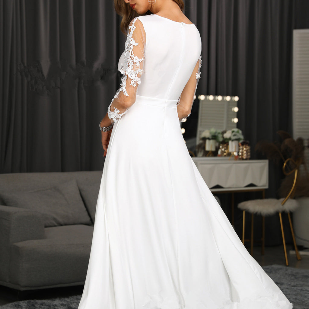 Fashion Women's Sexy Mesh Sleeve White Lace Dress