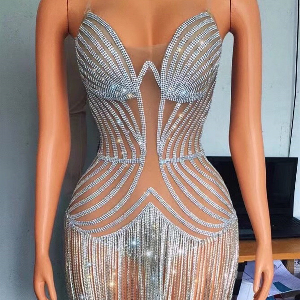 Women's Fashion Full Of Diamonds Tassels See-through Mesh Dress