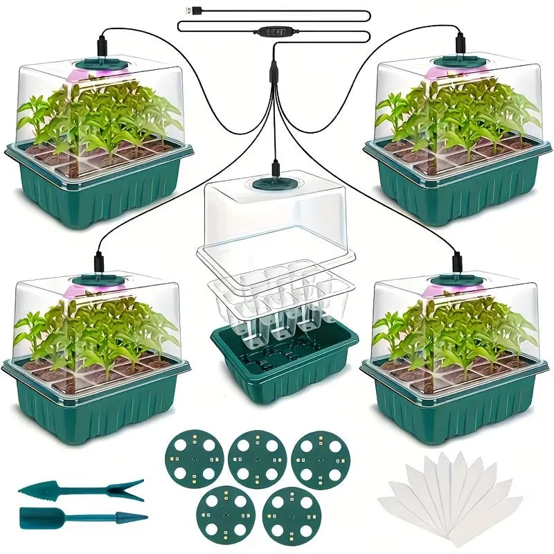 5-Pack Seed Starter Kit With LED Grow Lights – Indoor Propagation Trays With Adjustable Humidity Dome & Clear Cell Seedling Trays, Mini Greenhouse Seed Starting Set For Plants & Vegetables