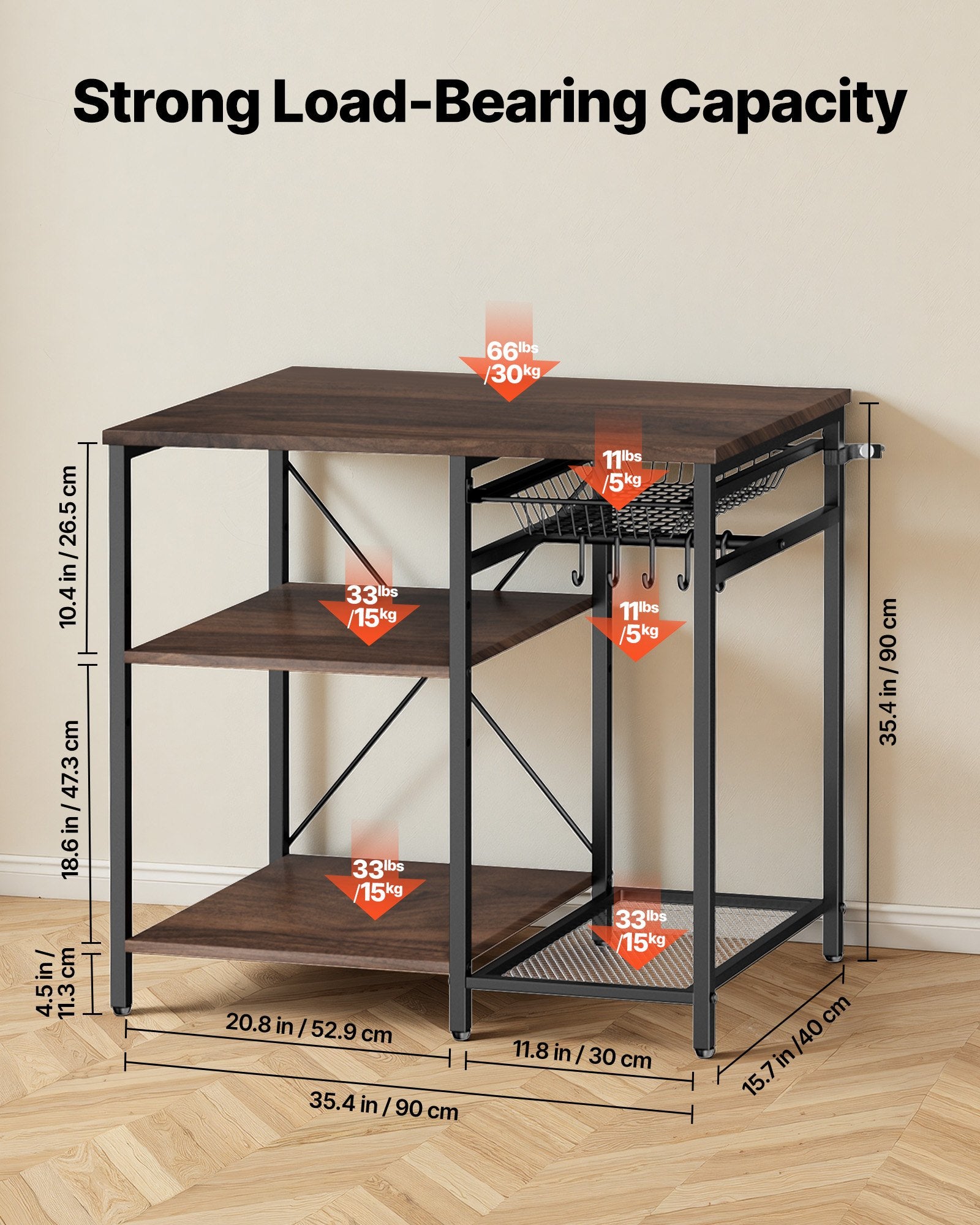 Kitchen Bakers Rack, 35.4 Inch Width Bakers Rack, Kitchen Stand With X-Shaped Support Bar, 5 S-Shaped Hooks, Multi-Layer Storage Shelf, Coffee Bar Stand For Dishes & Bowls, Spice Bottles