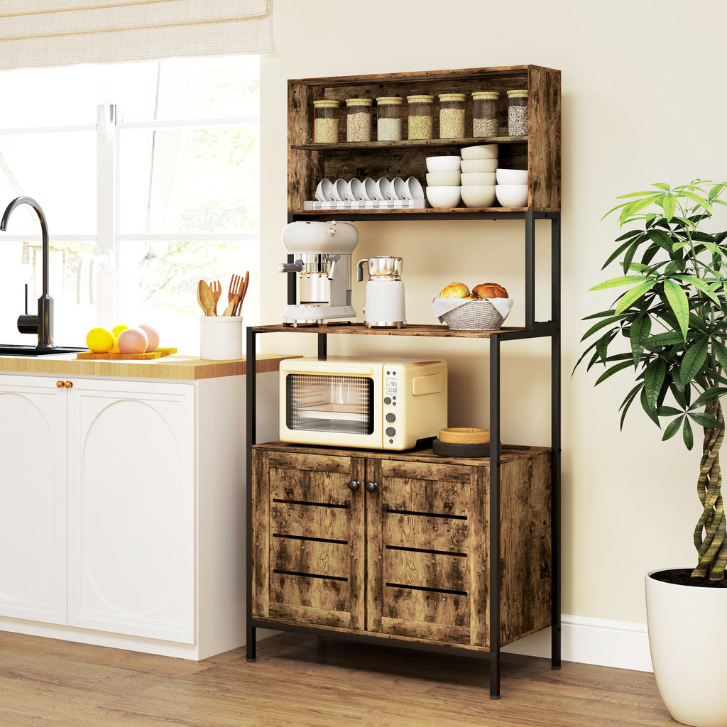Baker's Rack With Power Outlet And Storage Shelves, Microwave Stand With Louvred Door Cabinets, Rustic Brown
