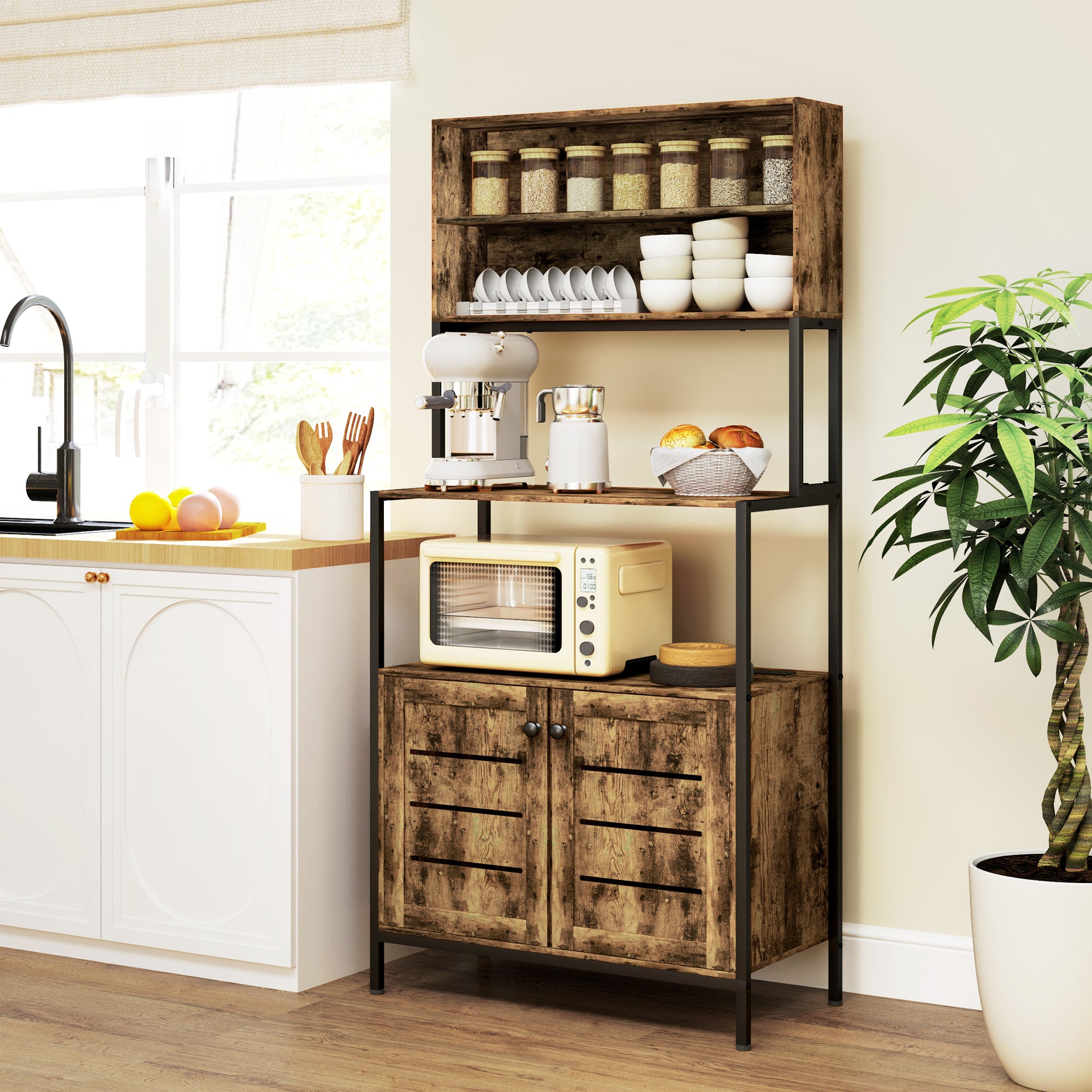 Baker's Rack With Power Outlet And Storage Shelves, Microwave Stand With Louvred Door Cabinets, Rustic Brown