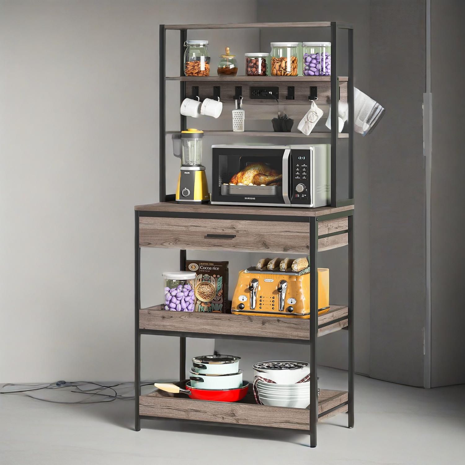 Kitchen Bakers Rack With Power Outlets, 5-Tier Microwave Oven Stand With Drawer And Sliding Shelves, Freestanding Coffee Bar