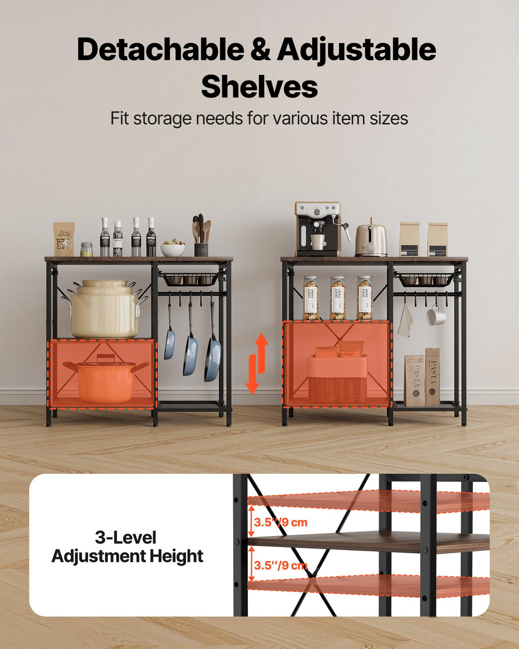 Kitchen Bakers Rack, 35.4 Inch Width Bakers Rack, Kitchen Stand With X-Shaped Support Bar, 5 S-Shaped Hooks, Multi-Layer Storage Shelf, Coffee Bar Stand For Dishes & Bowls, Spice Bottles