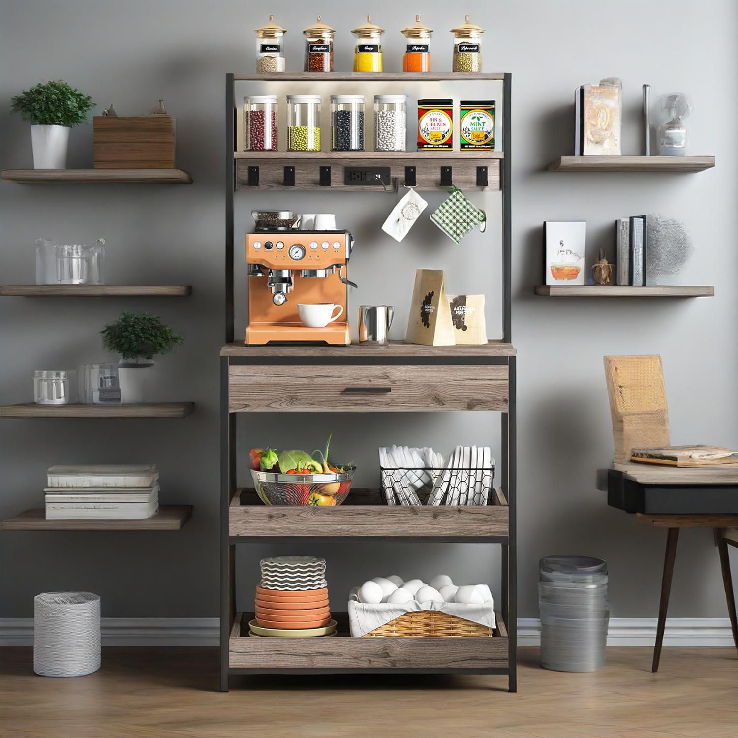 Kitchen Bakers Rack With Power Outlets, 5-Tier Microwave Oven Stand With Drawer And Sliding Shelves, Freestanding Coffee Bar