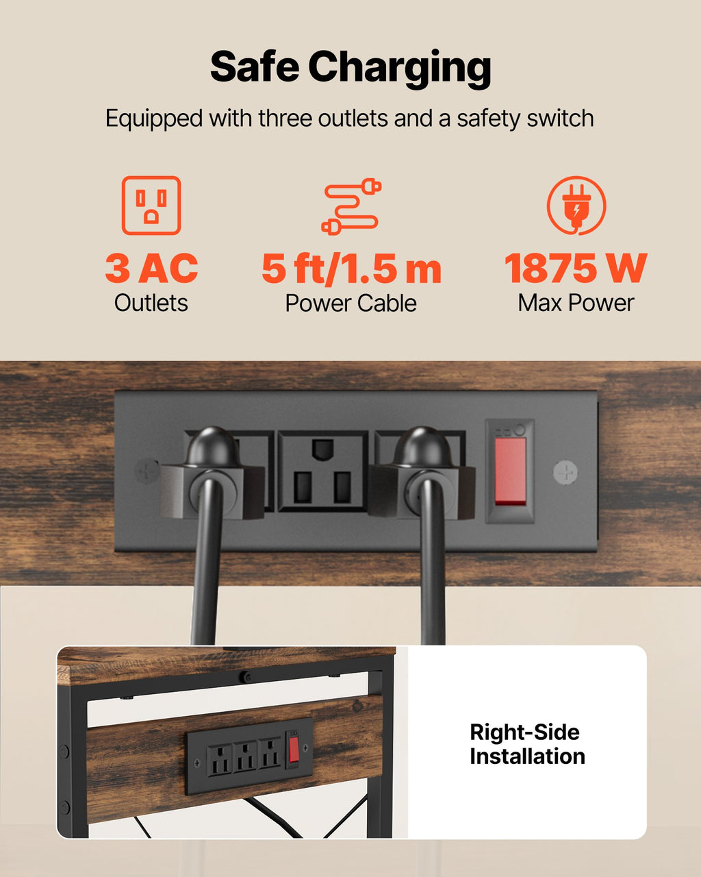 Kitchen Bakers Rack, 5 Ft Power Cable Bakers Rack With Power Outlet, Kitchen Stand With X-Shaped Support Bar, 10 S-Shaped Hooks, Coffee Bar Stand For Dishes, Spice Bottles, Built-In Power Strip