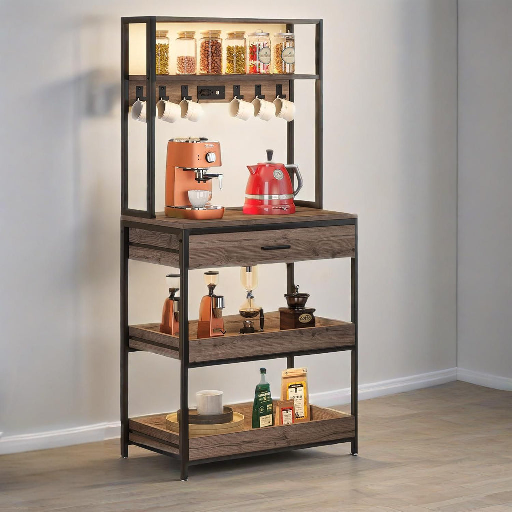 Kitchen Bakers Rack With Power Outlets, 5-Tier Microwave Oven Stand With Drawer And Sliding Shelves, Freestanding Coffee Bar