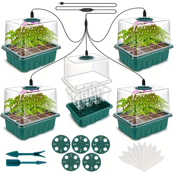 5-Pack Seed Starter Kit With LED Grow Lights – Indoor Propagation Trays With Adjustable Humidity Dome & Clear Cell Seedling Trays, Mini Greenhouse Seed Starting Set For Plants & Vegetables