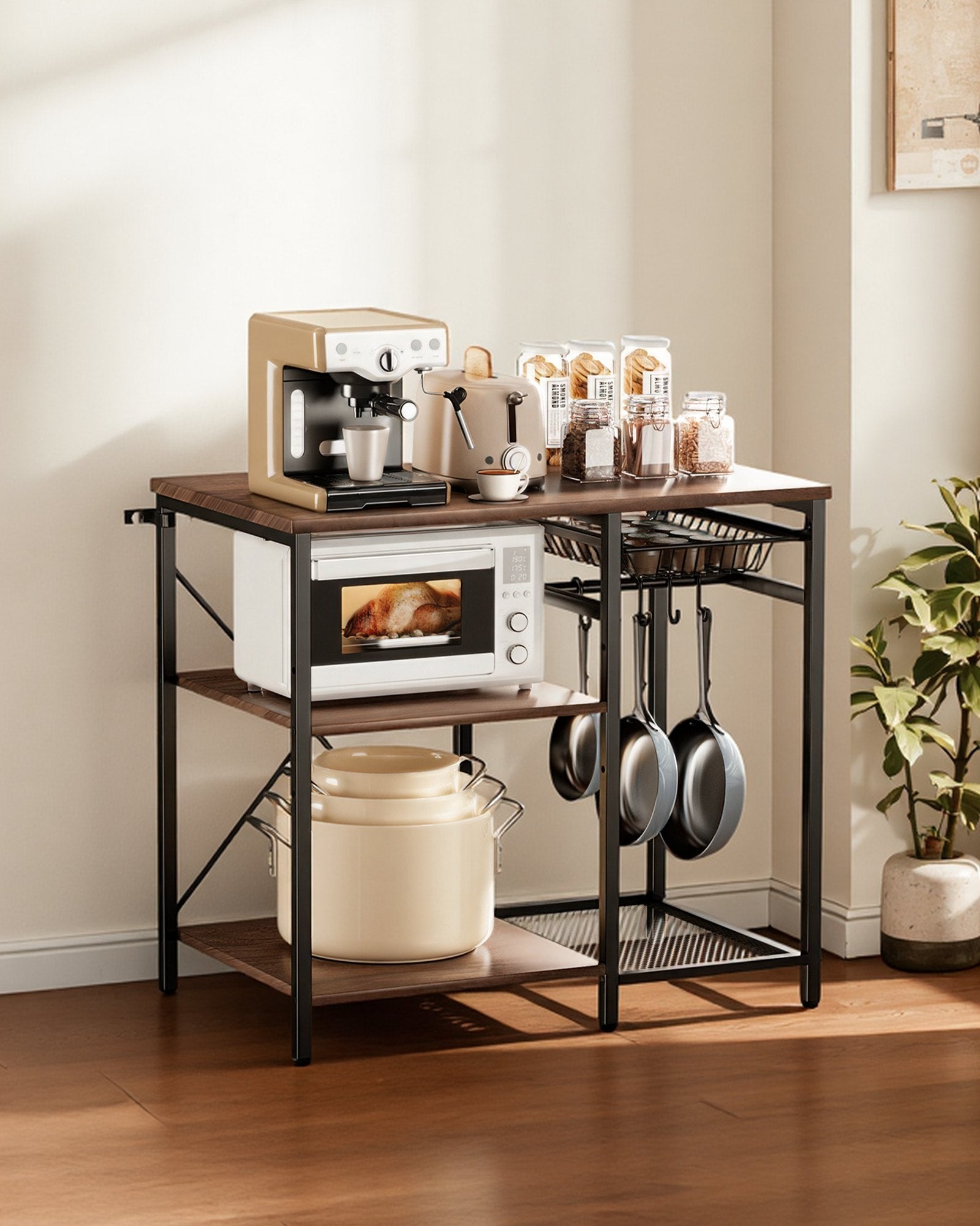 Kitchen Bakers Rack, 35.4 Inch Width Bakers Rack, Kitchen Stand With X-Shaped Support Bar, 5 S-Shaped Hooks, Multi-Layer Storage Shelf, Coffee Bar Stand For Dishes & Bowls, Spice Bottles