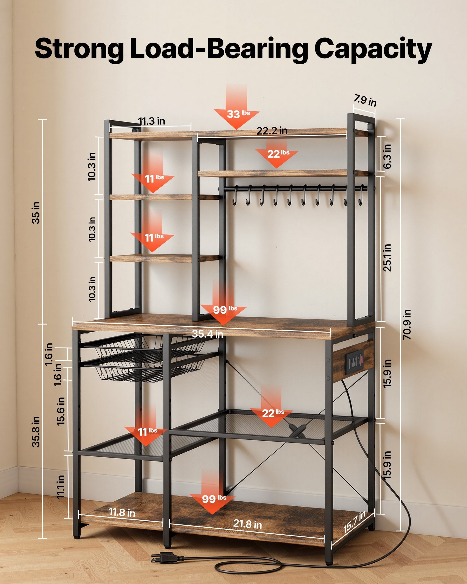 Kitchen Bakers Rack, 5 Ft Power Cable Bakers Rack With Power Outlet, Kitchen Stand With X-Shaped Support Bar, 10 S-Shaped Hooks, Coffee Bar Stand For Dishes, Spice Bottles, Built-In Power Strip