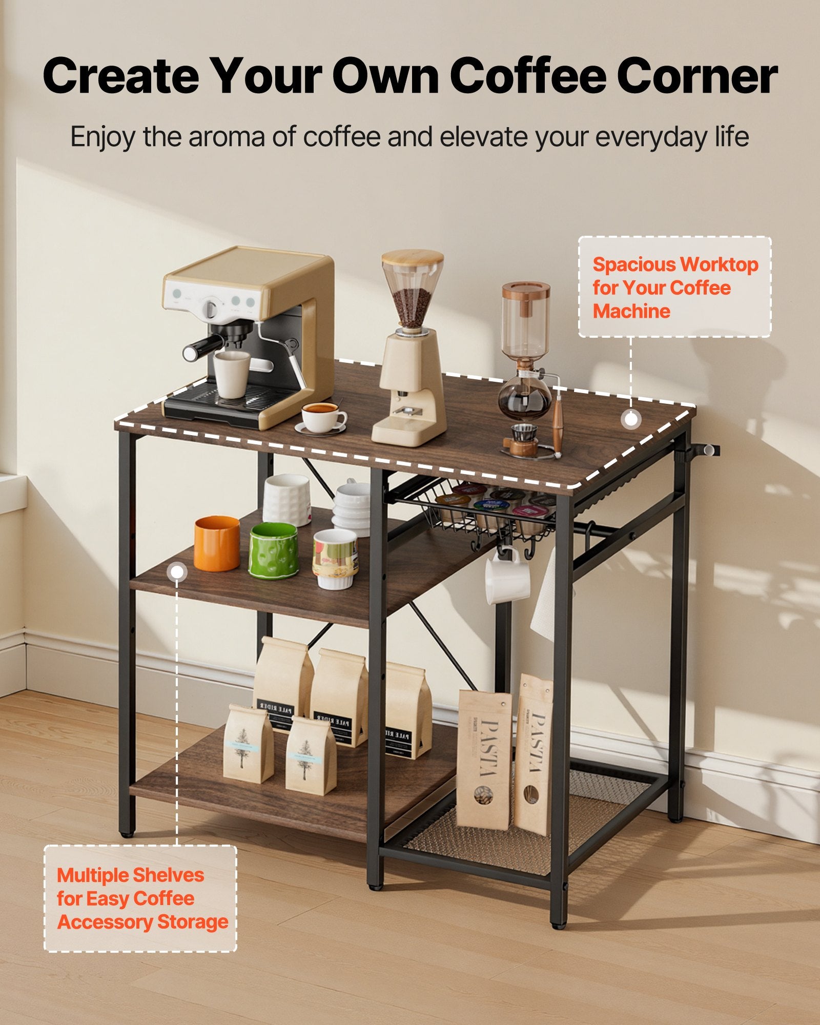 Kitchen Bakers Rack, 35.4 Inch Width Bakers Rack, Kitchen Stand With X-Shaped Support Bar, 5 S-Shaped Hooks, Multi-Layer Storage Shelf, Coffee Bar Stand For Dishes & Bowls, Spice Bottles