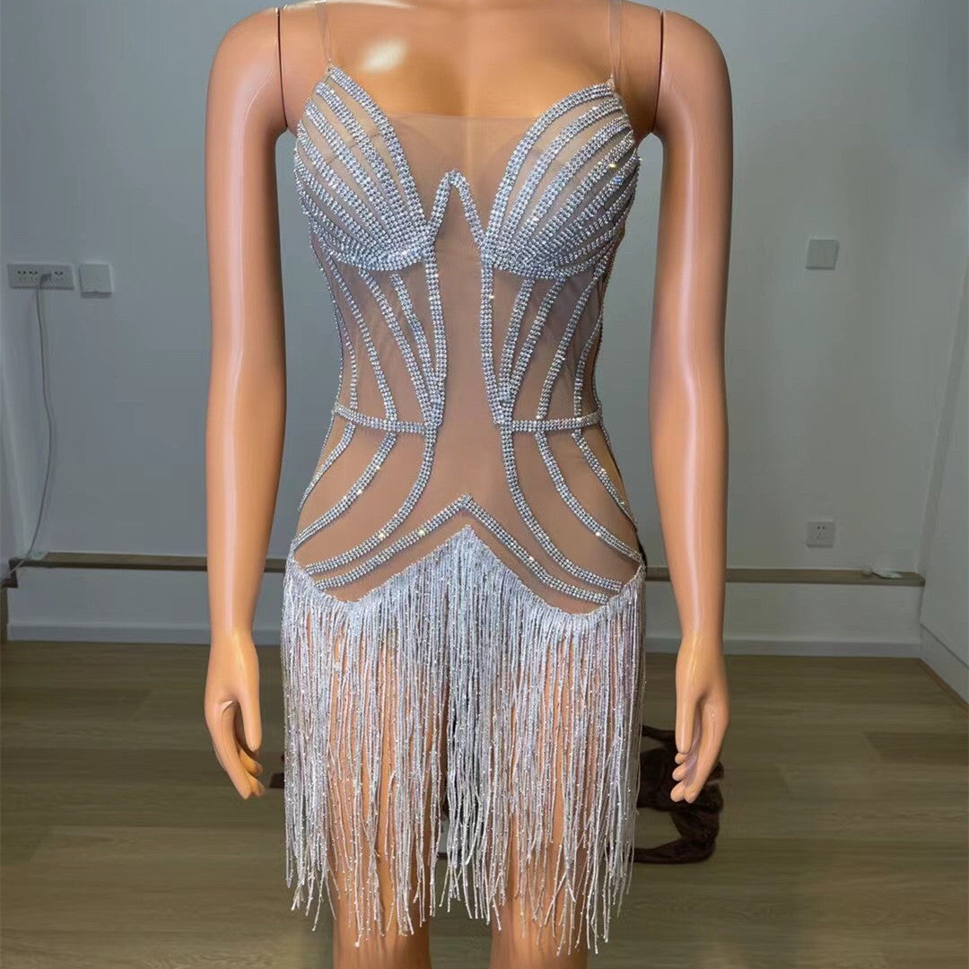 Women's Fashion Full Of Diamonds Tassels See-through Mesh Dress