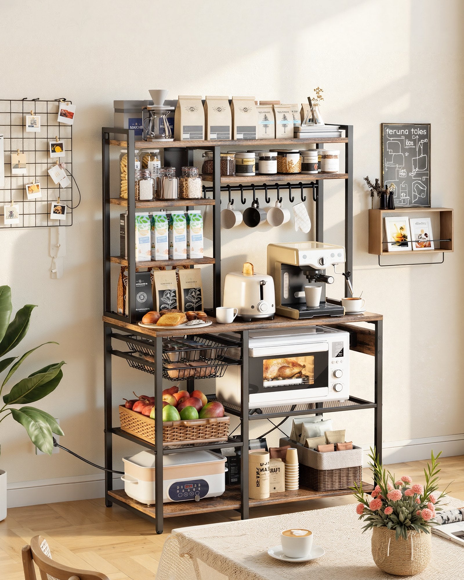 Kitchen Bakers Rack, 5 Ft Power Cable Bakers Rack With Power Outlet, Kitchen Stand With X-Shaped Support Bar, 10 S-Shaped Hooks, Coffee Bar Stand For Dishes, Spice Bottles, Built-In Power Strip