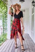 Women's Fashion Casual V-neck Stitching Hem Irregular Short Sleeve Printed Dress